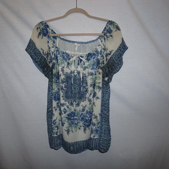 Joie Tops Joie Off Shoulder Taj Silk Peasant Blouse Top L Delft Blue Floral Popover B32